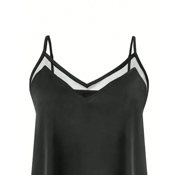 Mesh Insert Black Camisole Top Regular Fit Cami Spaghetti Strap, V neck - Picture 4 of 7